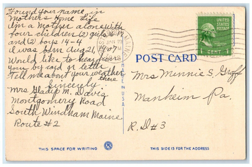 1948 Greetings From Mountain Boat Canoe River Lake South Windham Maine Postcard