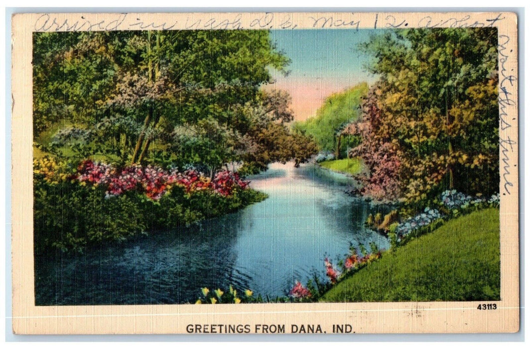 1948 Greetings From River Lake Flower Dana Indiana IN Vintage Antique Postcard