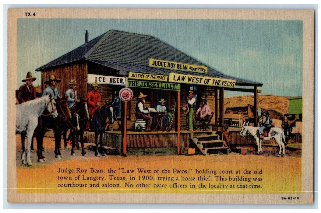 c1940 Judge Roy Bean Law West Pecos Horse Thief Court Langtry Texas TX Postcard