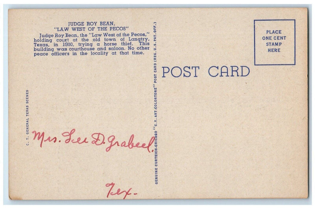 c1940 Judge Roy Bean Law West Pecos Horse Thief Court Langtry Texas TX Postcard