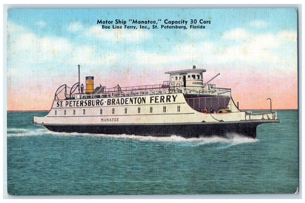 c1940 Motor Ship Manatee Bee Line Ferry Steamer St. Petersburg Florida Postcard