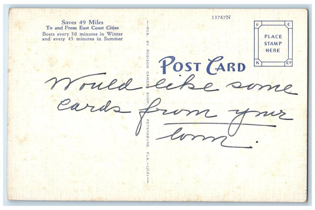 c1940 Motor Ship Manatee Bee Line Ferry Steamer St. Petersburg Florida Postcard