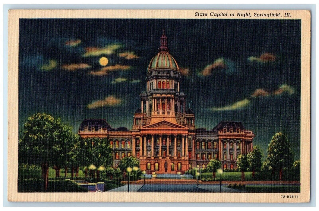 1948 State Capitol Night Moon Moonlight Springfield Illinois IL Vintage Postcard