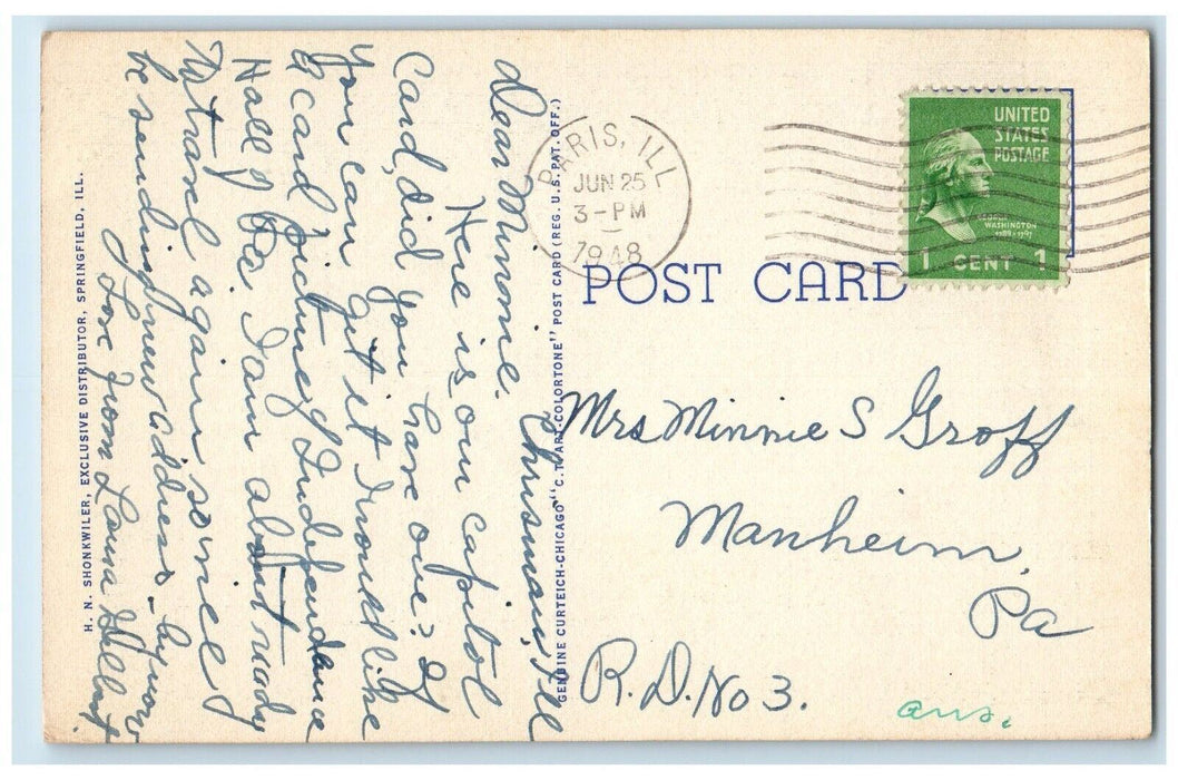 1948 State Capitol Night Moon Moonlight Springfield Illinois IL Vintage Postcard