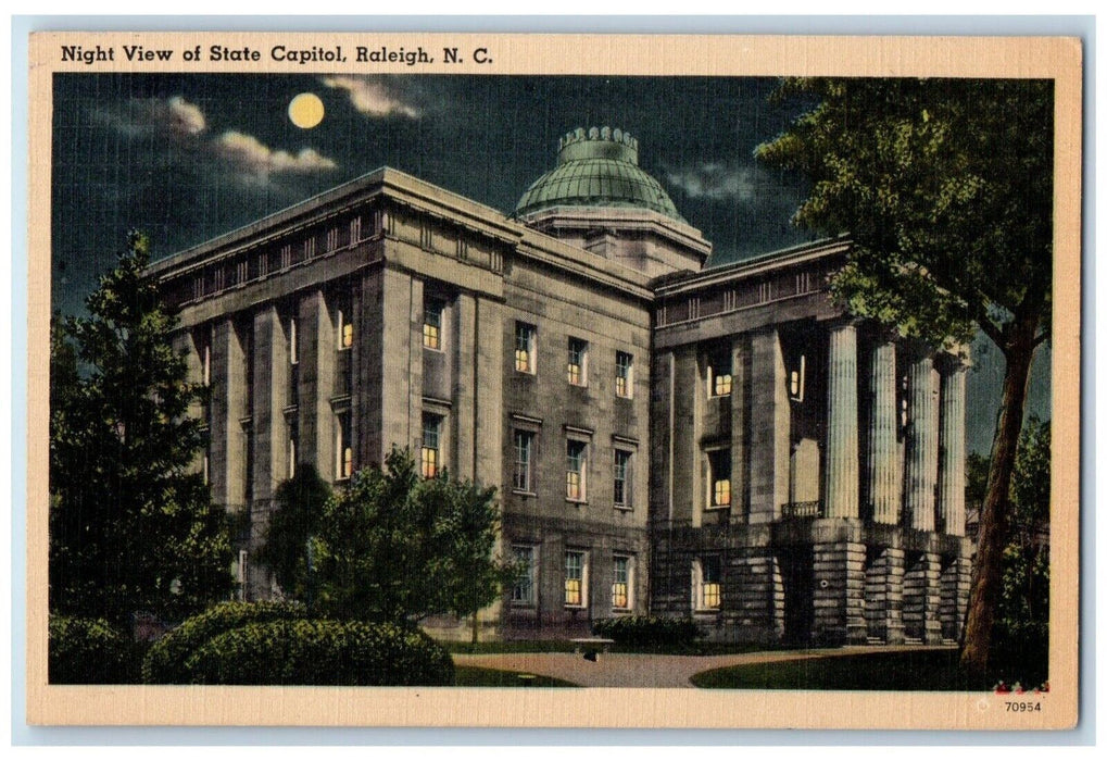 1950 Night View State Capitol Moon Moonlight Raleigh North Carolina NC Postcard