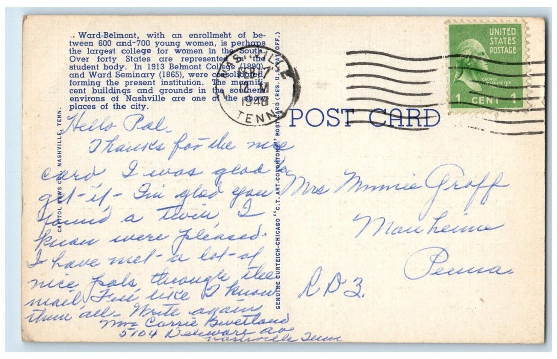 1948 North Group Belmont Ave. Ward Belmont School Nashville Tennessee Postcard