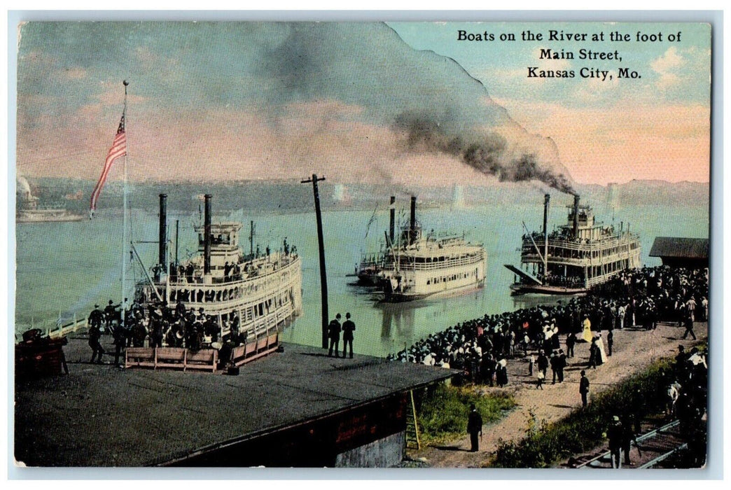 c1910 Boats River Foot of Main Street Kansas City Missouri MO Vintage Postcard