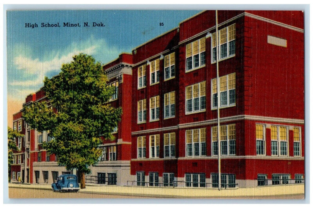 1948 High School Minot Exterior Classic Car Street North Dakota Vintage Postcard