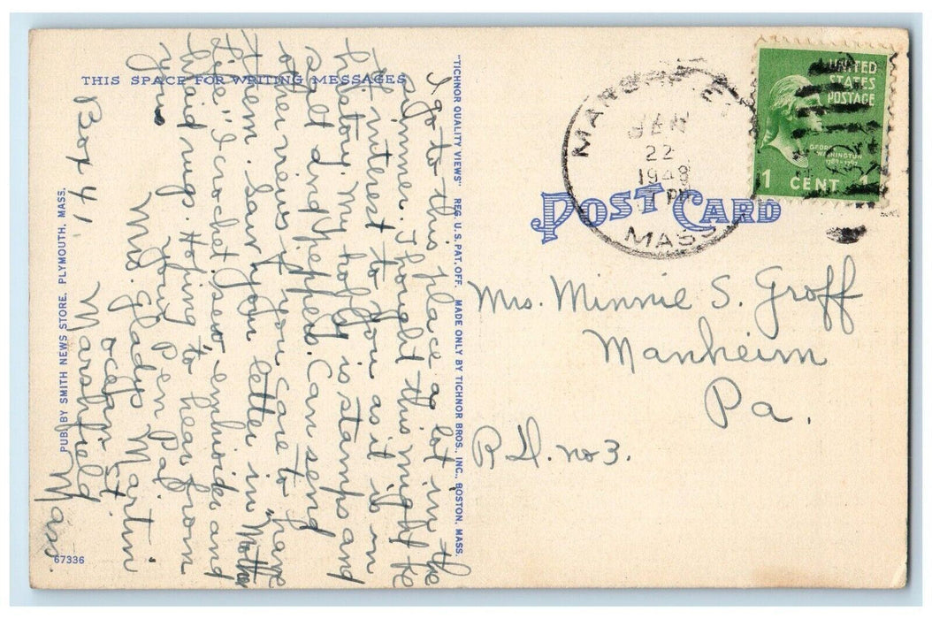 1948 Portico Plymouth Rock Steamer Pillar Port Plymouth Massachusetts Postcard