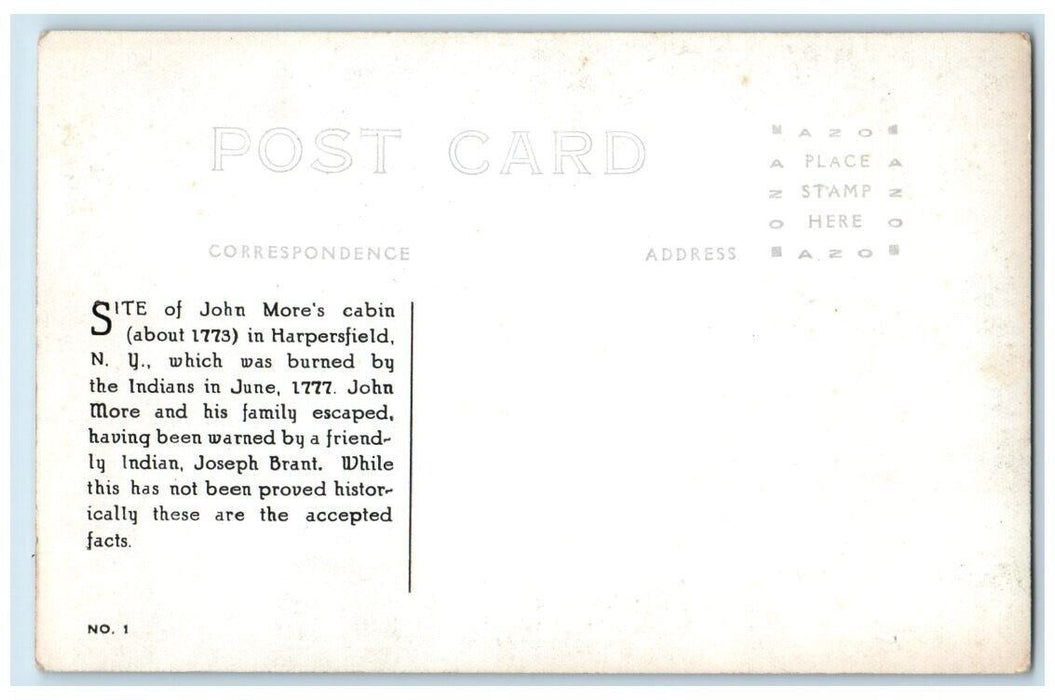 c1920's John More Cabin Indian Attack Site Harpersfield NY RPPC Photo Postcard