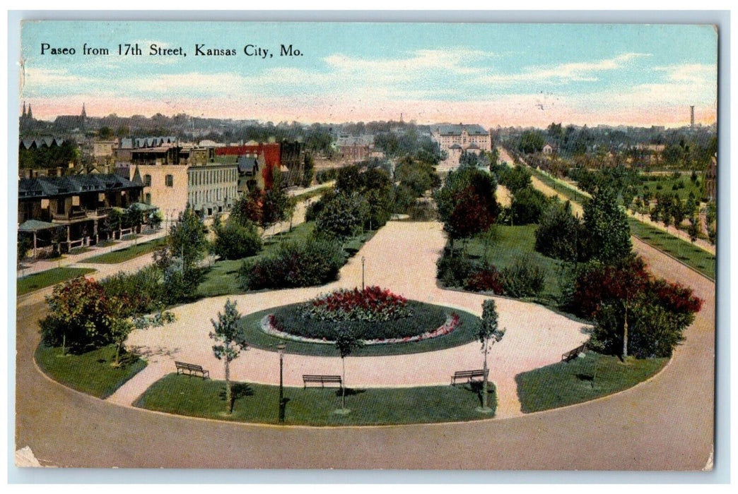 1910 Birds Eye View Paseo 17th Street Kansas City Missouri MO Vintage Postcard