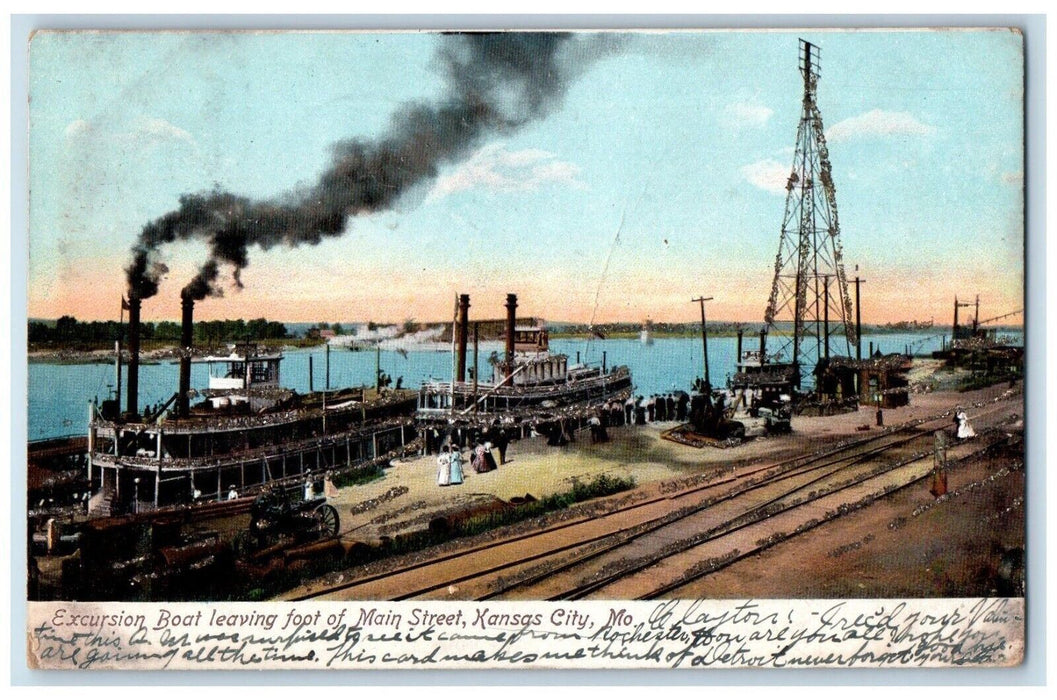 1907 Excursion Boat Leaving Foot Main Street Kansas City Missouri MO Postcard