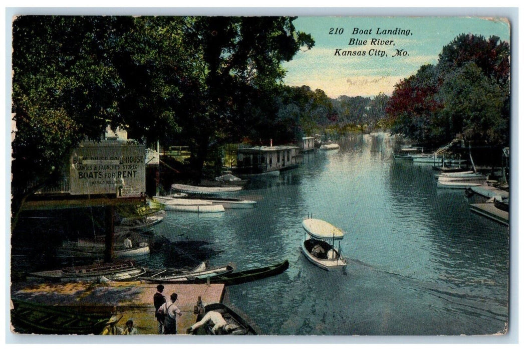 1911 Canoeing Boat Landing Blue River Kansas City Missouri MO Vintage Postcard