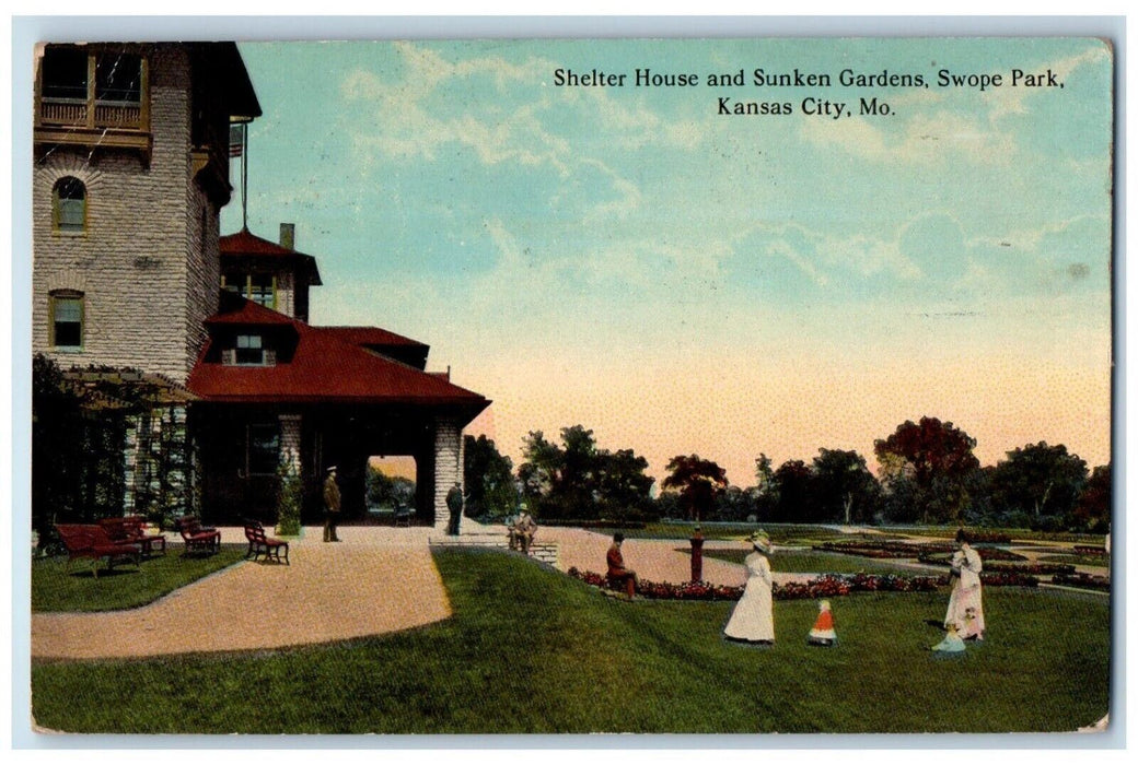 1915 Shelter House & Sunken Gardens Swope Park Kansas City Missouri MO Postcard