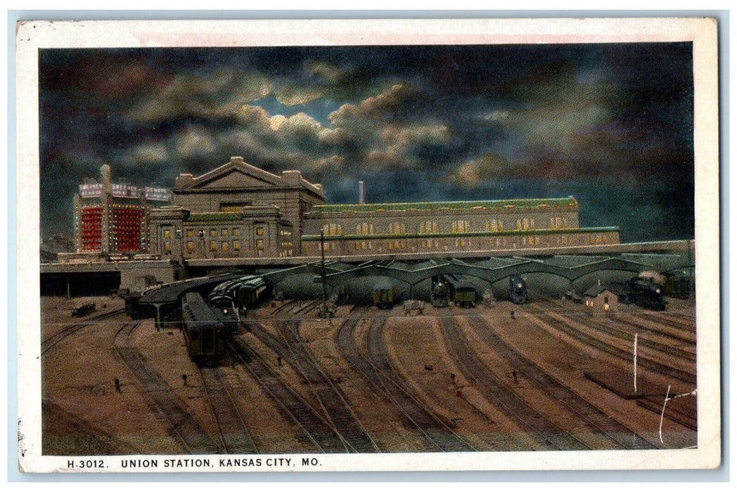 1910 Union Station Locomotive Train Night Scene Kansas City Missouri MO Postcard