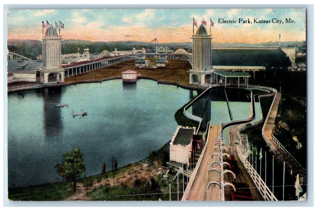 c1910 Bird's Eye View Electric Park Amusement Lake Kansas City Missouri Postcard