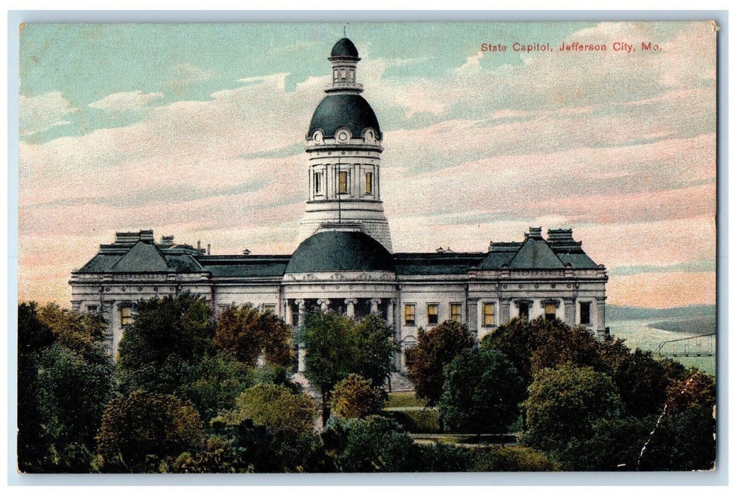 c1910 Overlooking State Capitol Building Trees Jefferson City Missouri Postcard