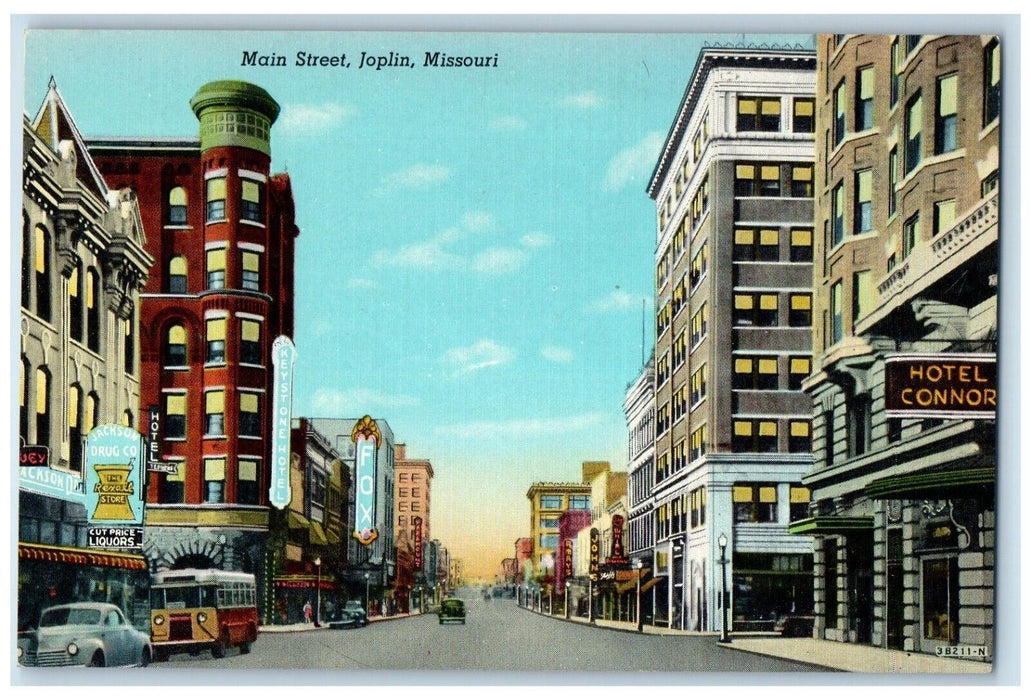 c1940 Main Street Building Hotel Connor Cars Joplin Missouri MO Antique Postcard