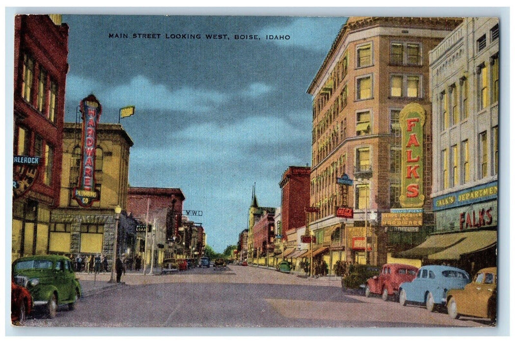 c1940 Main Street Looking West Building Cars Boise Idaho ID Antique Postcard