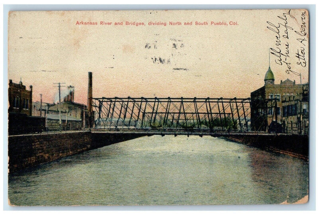 c1905 Arkansas River Bridges Dividing North South Pueblo Colorado CO Postcard