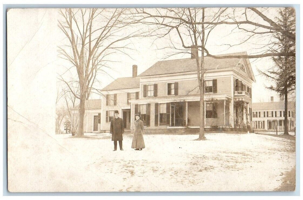 1910 Residence House View Man Woman Winter Snow Enfield CT RPPC Photo Postcard