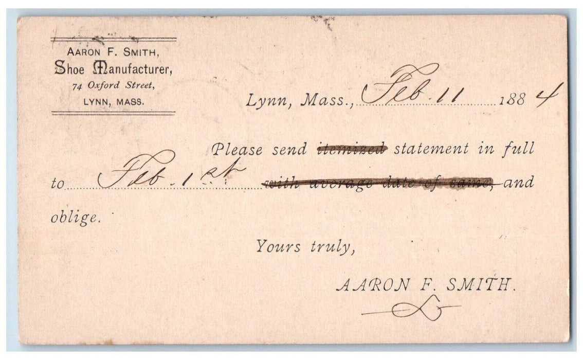 1884 Aaron F. Smith Shoe Manufacturer Lynn Massachusetts MA Postal Card