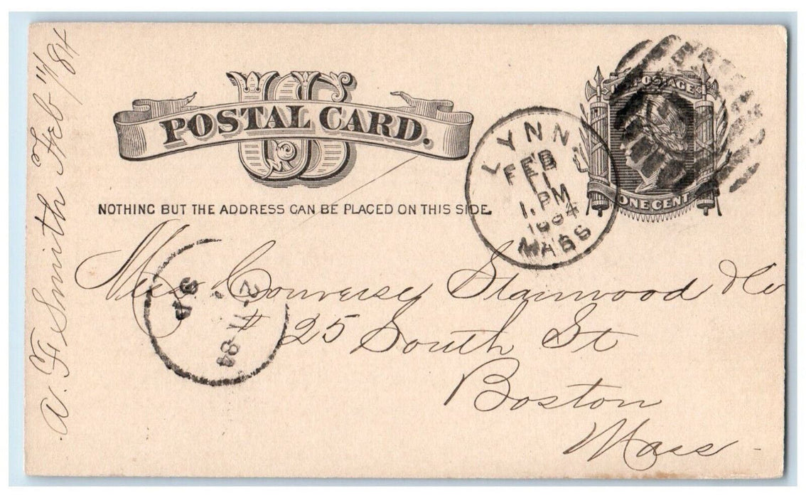 1884 Aaron F. Smith Shoe Manufacturer Lynn Massachusetts MA Postal Card