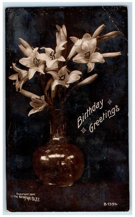 1907 Birthday Greetings Lilies Flowers In Vase Berryville VA RPPC Photo Postcard