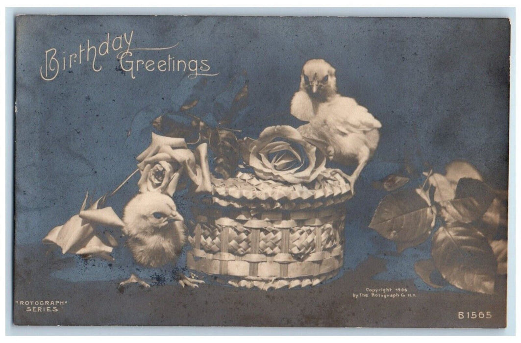 1907 Birthday Greetings Chicks Flowers Basket Posted Antique RPPC Photo Postcard