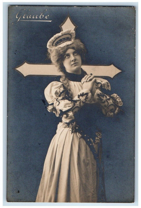 c1910's Easter Believe Holy Cross Woman Braided Hair Posted RPPC Photo Postcard