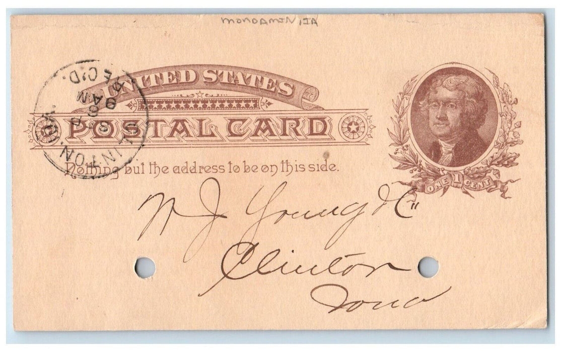 1886 Lumber Order WJ Young & Co. Mondamin Iowa IA Clinton IA Postal Card