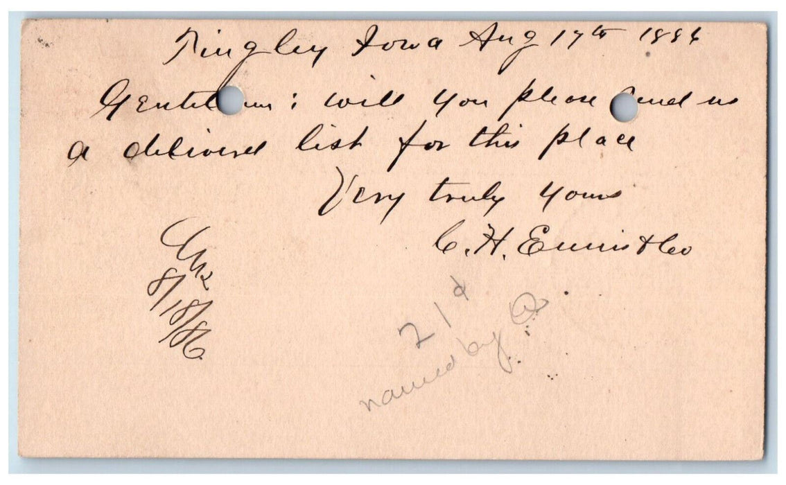 1886 Send Delivered List Lumber Tingley Iowa IA Clinton IA Postal Card