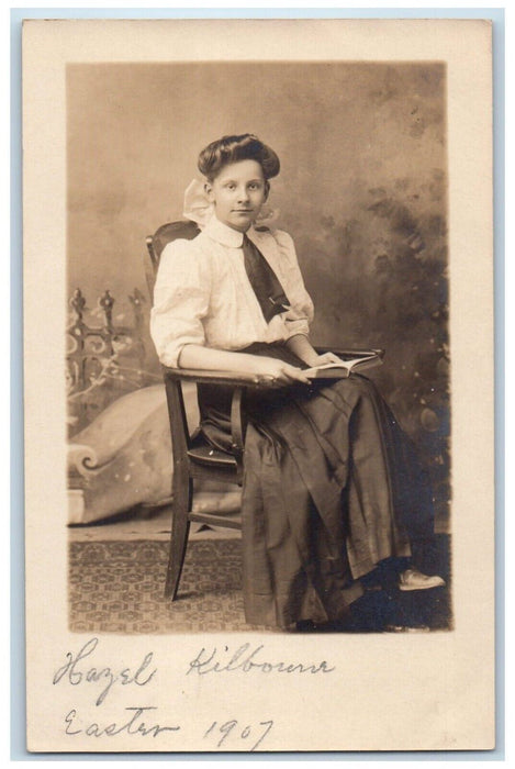 1907 Easter Hazel Kilbourns Sat On Chair Studio Portrait RPPC Photo Postcard