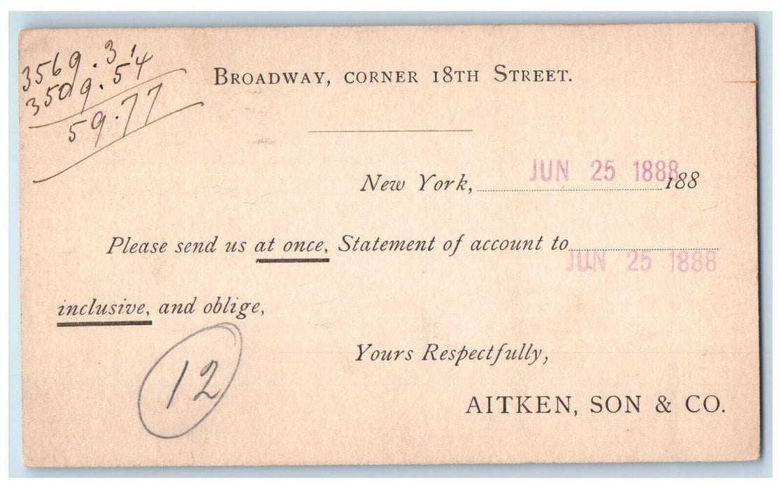 1888 Aitken Son & Co. Goldenberg Bros & Co Broadway New York City NY Postal Card
