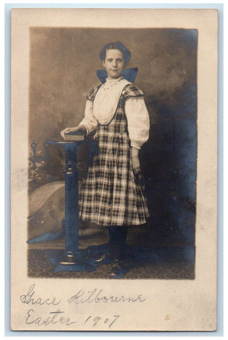 1907 Grace Kilbourns Easter Standing Book Studio Portrait RPPC Photo Postcard