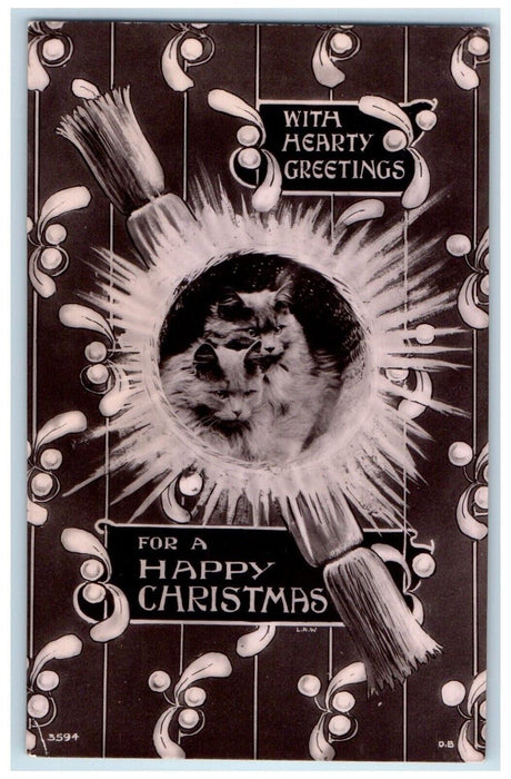 1908 Christmas Hearty Greetings Cat Mistletoe Posted Antique RPPC Photo Postcard