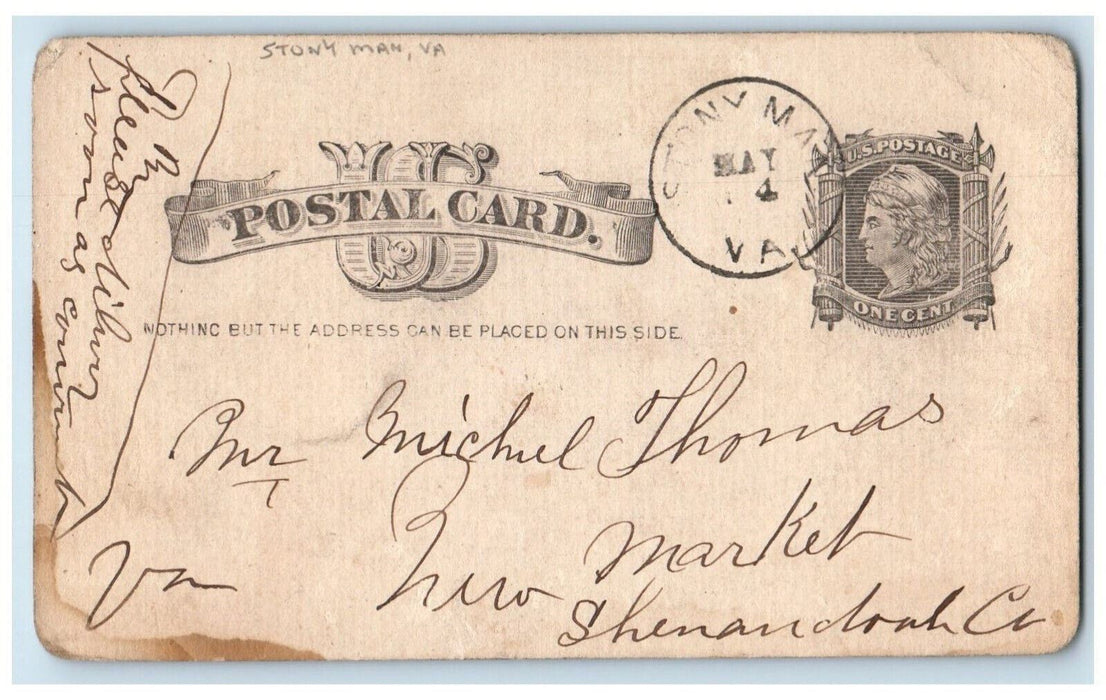 1885 Mr. Michel Thomas Stony Man Virginia VA Shenandoah Co. Postal Card