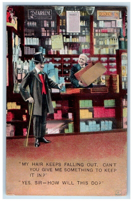 c1910's Man Bald Hair Falling Out Drug Store Humor Bamforth Antique Postcard