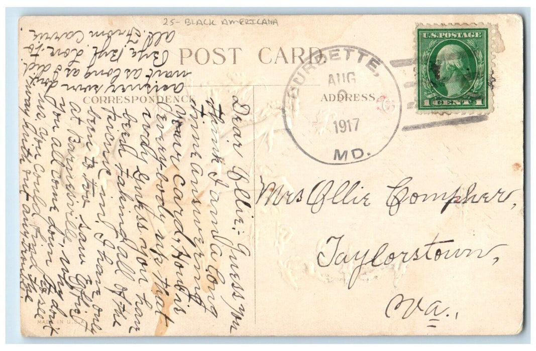 1917 Black Americana With Letter Flowers Burdette Maryland MD Antique Postcard