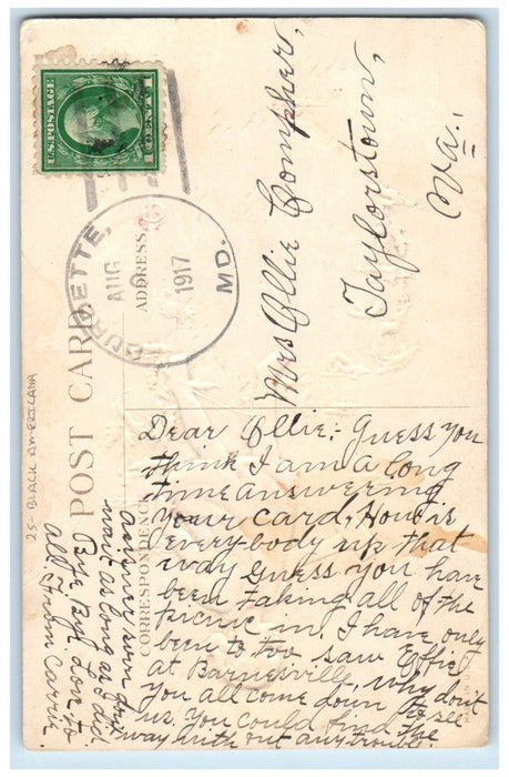1917 Black Americana With Letter Flowers Burdette Maryland MD Antique Postcard