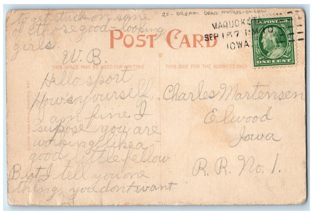 c1910's Dream Dead Mother In Law Maquoketa Iowa IA Posted Antique Postcard