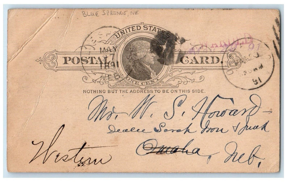 1891 JH Craig Blue Springs Nebraska NE Omaha NE Awarded Stamp Postal Card