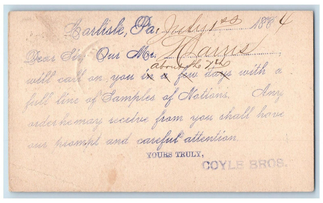 1884 Sherly & Bro Coyle Bros. Carlisle Pennsylvania PA Adams Co. PA Postal Card