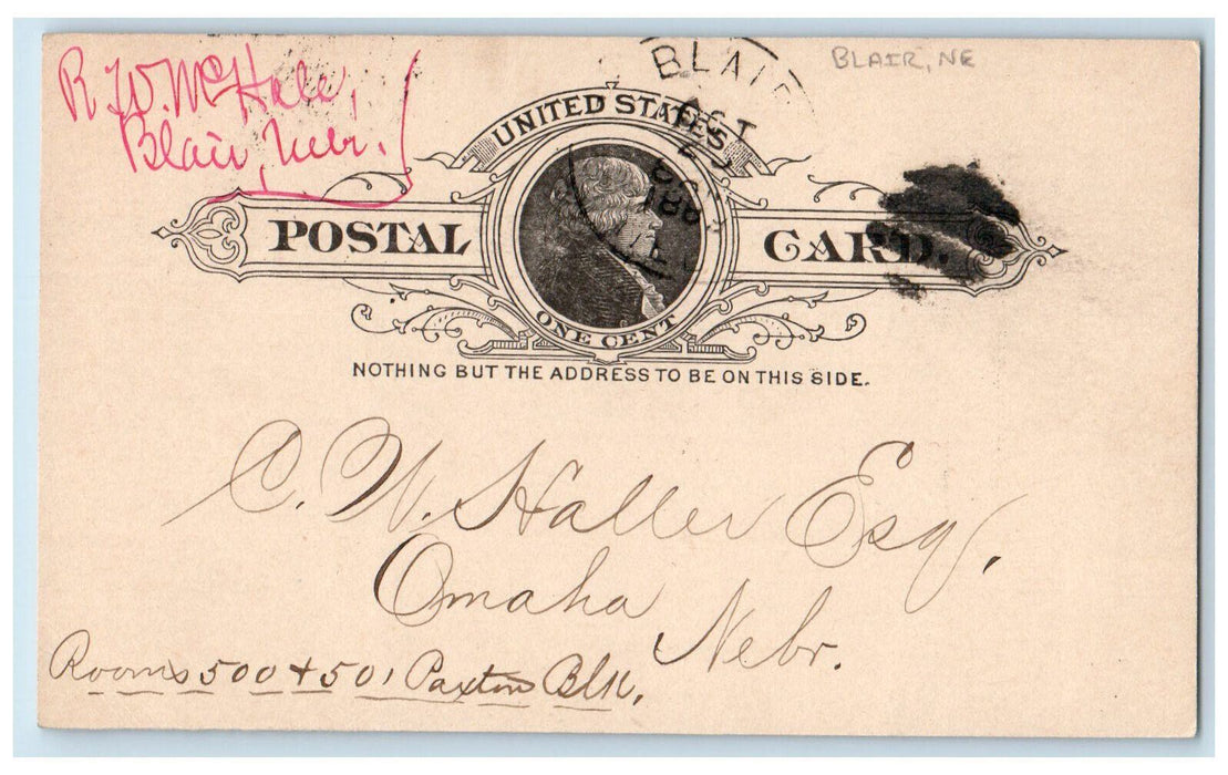 1889 CW Haller Esq Blair Nebraska NE Omaha NE Antique Posted Postal Card