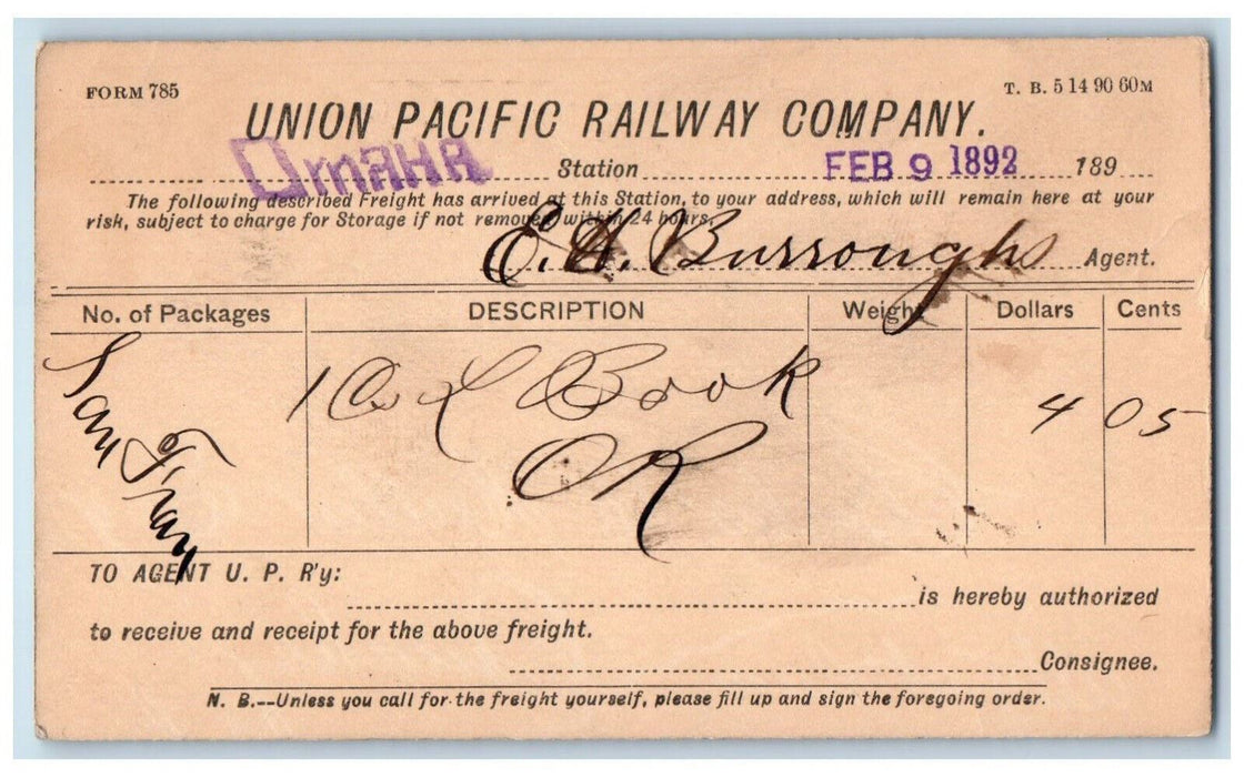 1892 Union Pacific Railway Company CW Haller Omaha Nebraska NE Postal Card