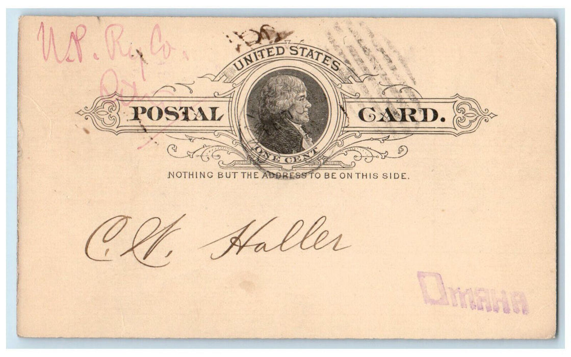 1892 Union Pacific Railway Company CW Haller Omaha Nebraska NE Postal Card