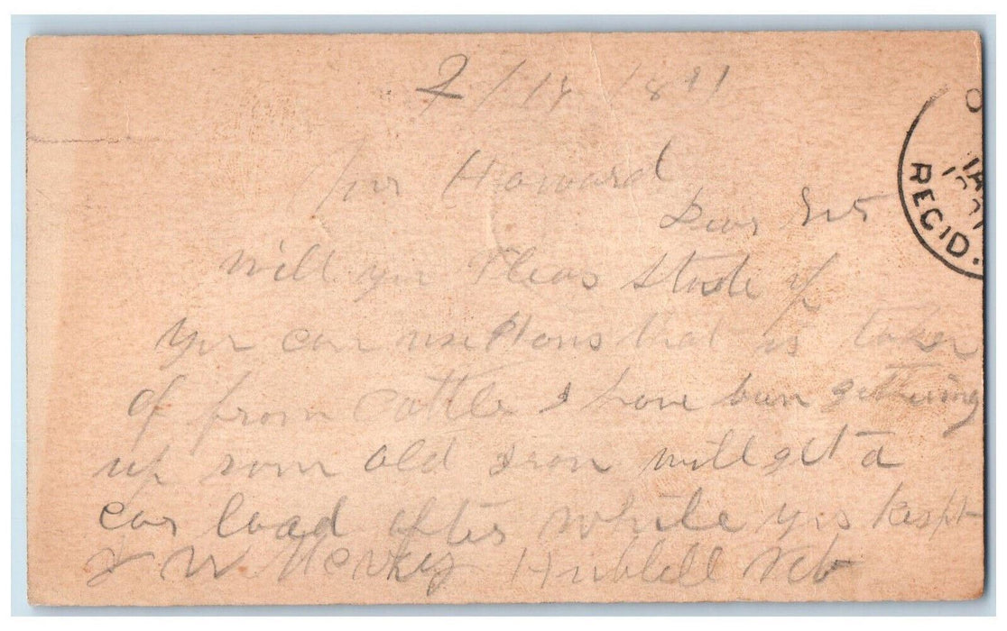 1891 WS Howard Hubbell Nebraska Omaha Nebraska NE Antique Postal Card