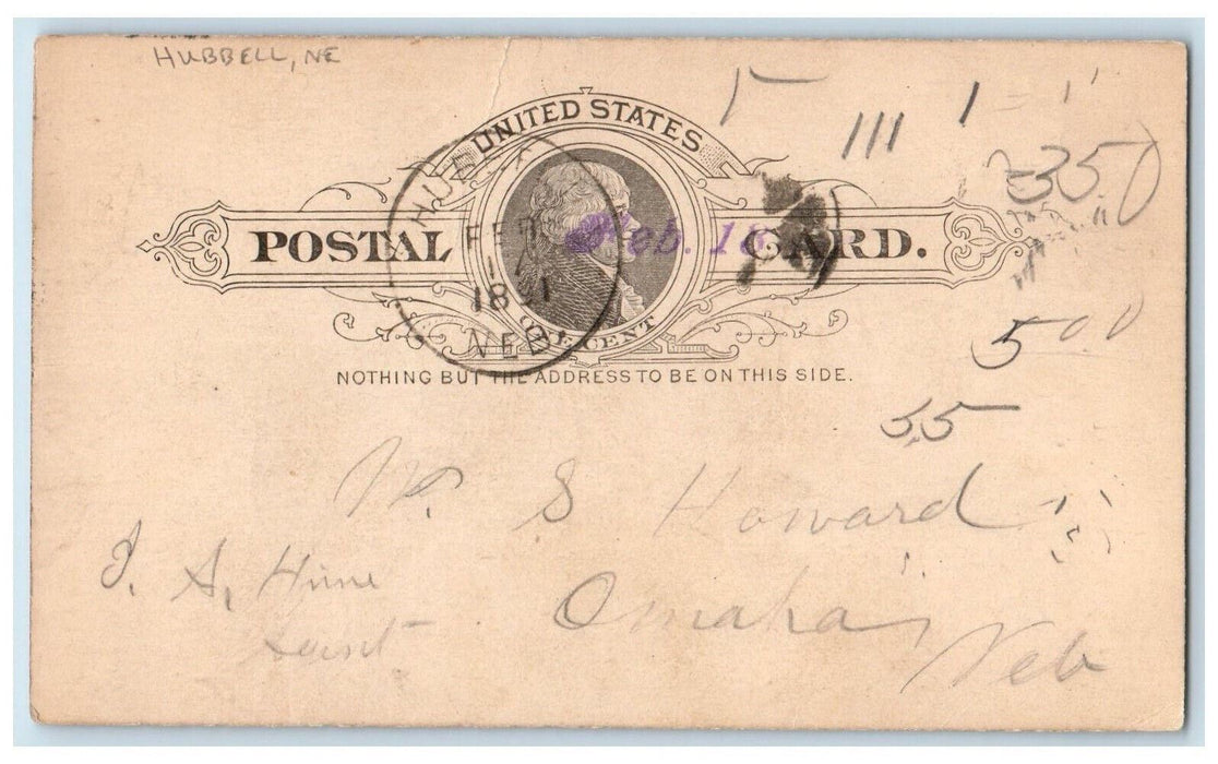 1891 WS Howard Hubbell Nebraska Omaha Nebraska NE Antique Postal Card