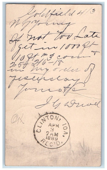 1889 Lumber Order WJ Young & Co. Goldfield Iowa IA Clinton IA Postal Card