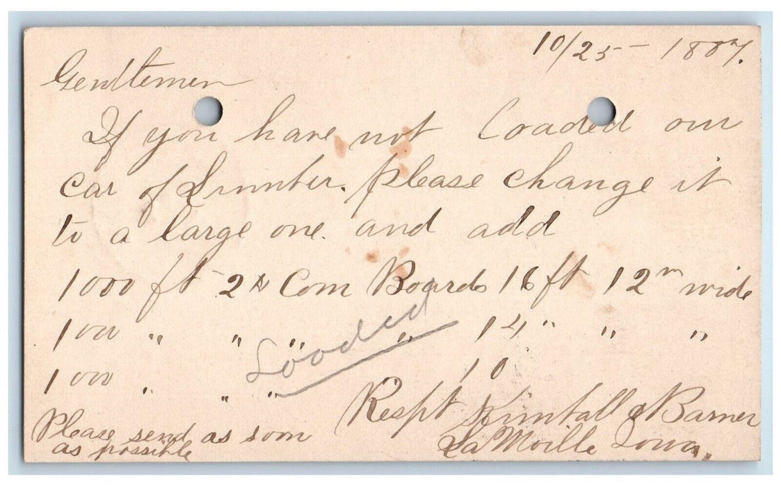 1887 Add Lumber Order Kimfall and Barner Lamoille Iowa IA Clinton IA Postal Card